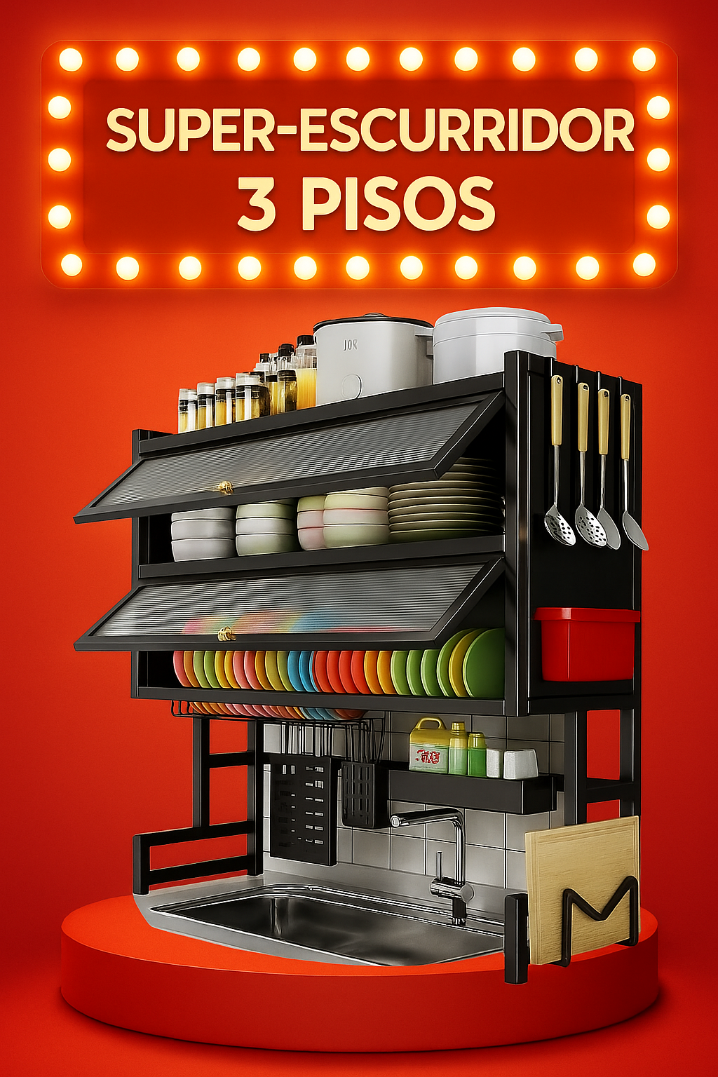 ESCURRIDOR DE PLATOS de 3 PISOS🎁  CON TAPA MODELO PREMIUM